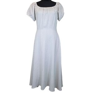 Antonio Melani Blue & White Striped Midi Puff Sleeve Off-Shoulder Dress | Size 8